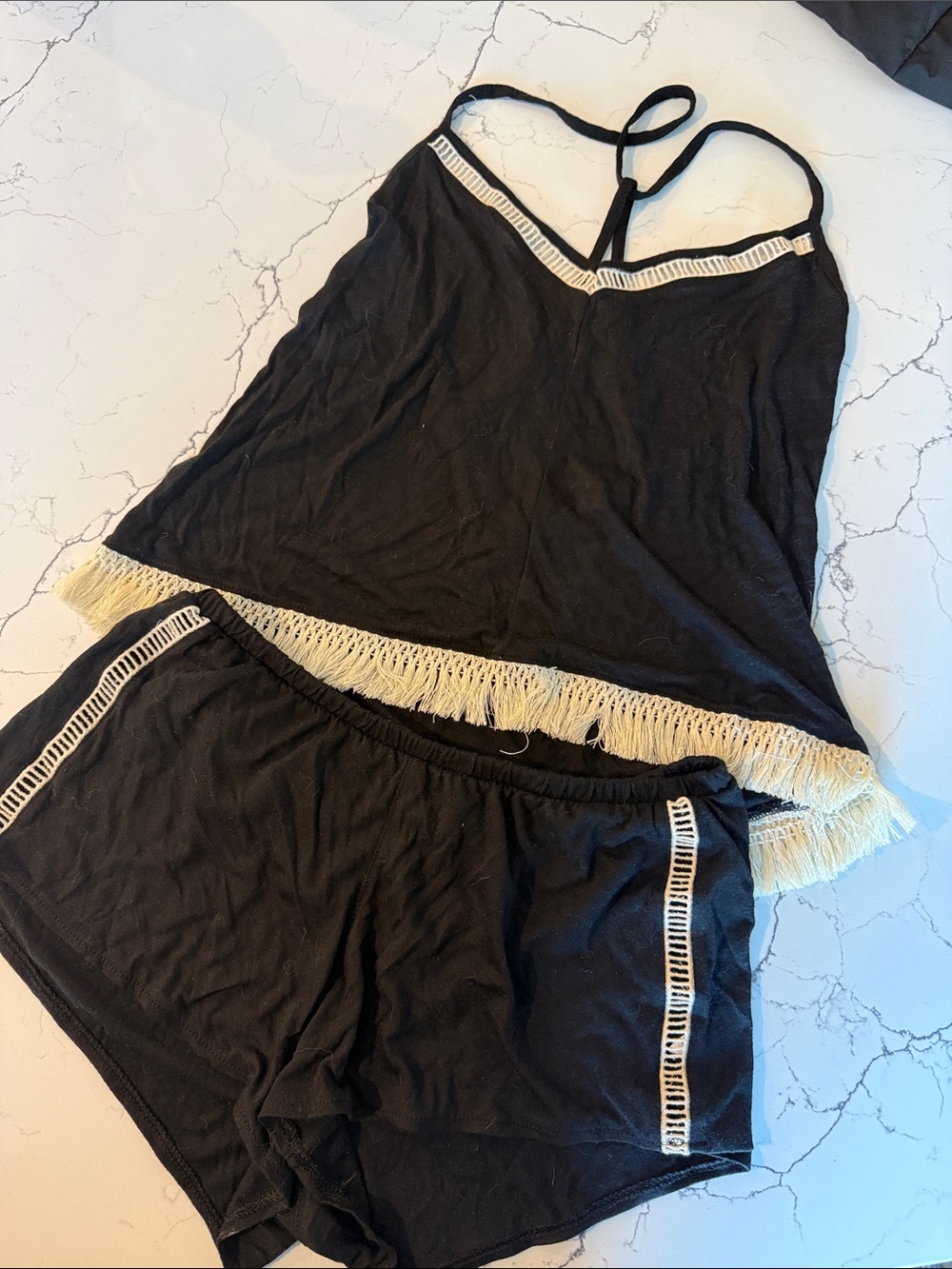 Xhilaration Black Tank & Short Pajama Set with Cream Fringe Trim
